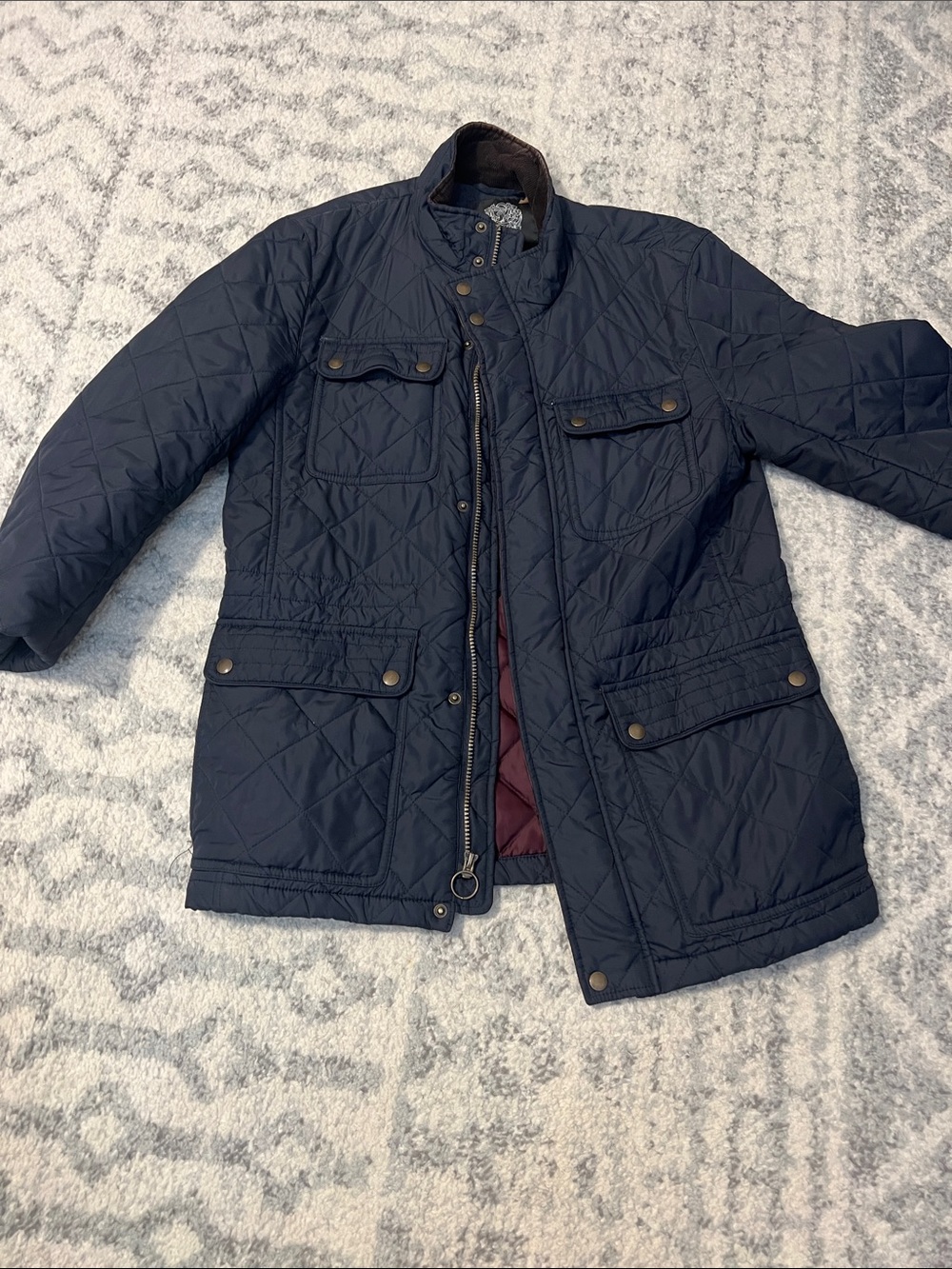 Vince Camuto Navy Quilted Jacket with Brown Cord Collar